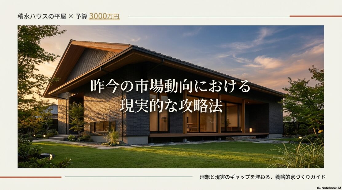 夕暮れ時に美しくライトアップされた積水ハウスの平屋。「昨今の市場動向における現実的な攻略法」と「理想と現実のギャップを埋める戦略的家づくりガイド」を記したアイキャッチ画像。