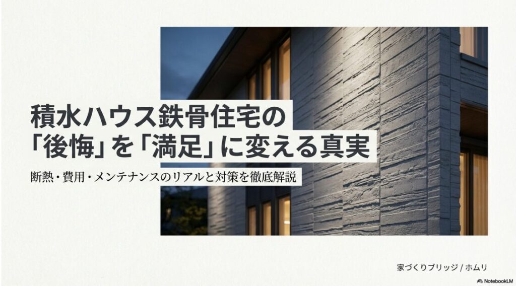 積水ハウスの重厚感ある外壁の質感と「後悔を満足に変える真実」というテキスト。断熱、費用、メンテナンスのリアルな対策を網羅した解説記事のアイキャッチ画像。