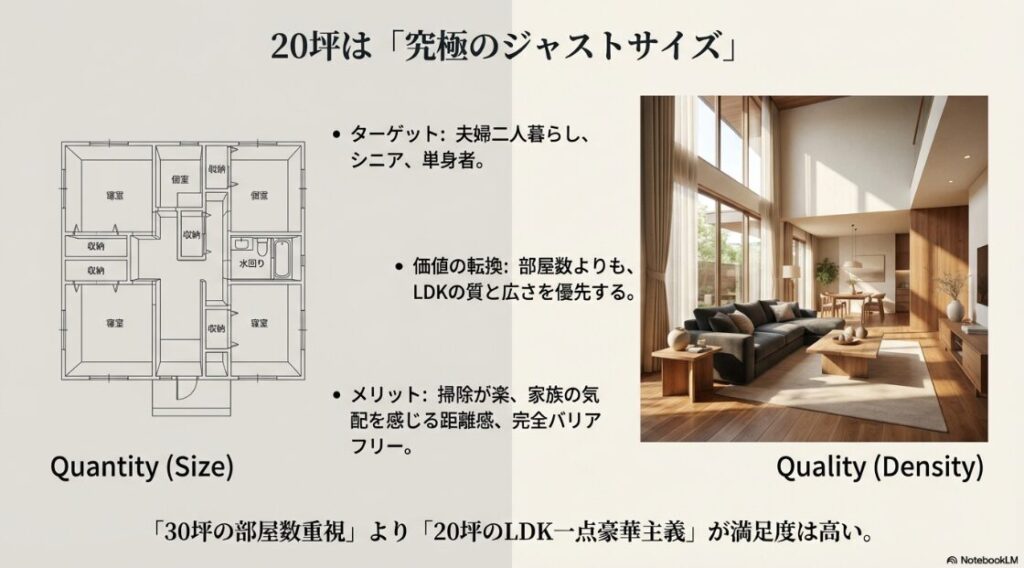 夫婦二人、シニア、単身者をターゲットとした20坪平屋の間取り図。部屋数よりもLDKの質を優先するメリットの解説