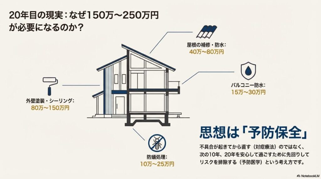 住宅のイラストに、外壁塗装（80〜150万）、防蟻（10〜25万）、屋根（40〜80万）、バルコニー（15〜30万）の費用目安を示し、予防保全の考え方を解説したスライド。
