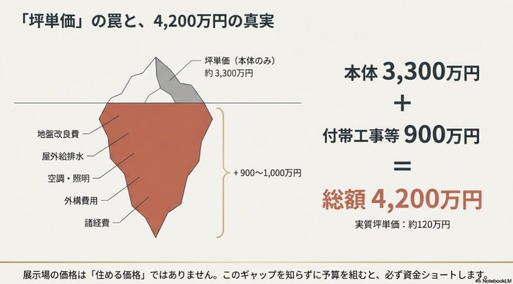 住宅費用の氷山モデル。海面上の本体価格3300万円に対し、地盤改良や外構などの付帯工事900万円が加わり、総額4200万円（実質坪単価120万円）になる図解。