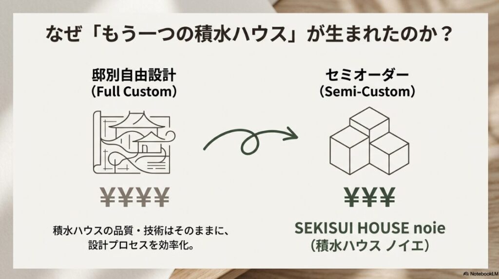 邸別自由設計（フルオーダー）と、品質・技術はそのままに設計プロセスを効率化したセミオーダー（ノイエ）の仕組みと価格差の比較図