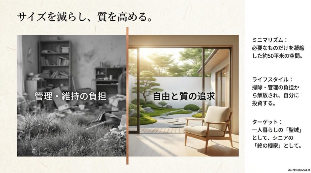 「管理・維持の負担」から「自由と質の追求」へのシフトを表現した図。一人暮らしやシニア層に最適なライフスタイルを提案。