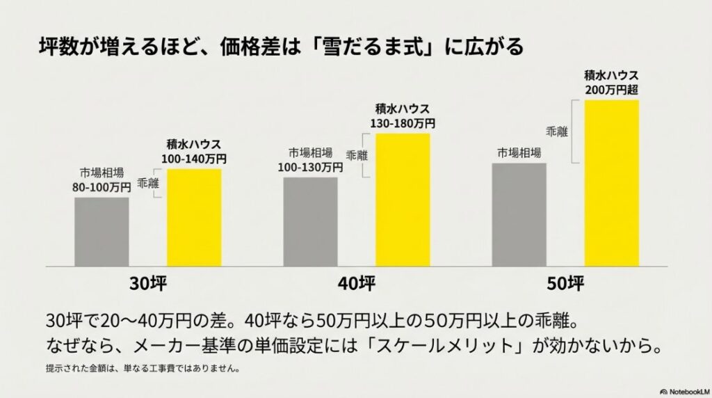30坪・40坪・50坪別の積水ハウスと市場相場の費用比較グラフ。坪数が増えるほど「乖離」が大きくなる図。