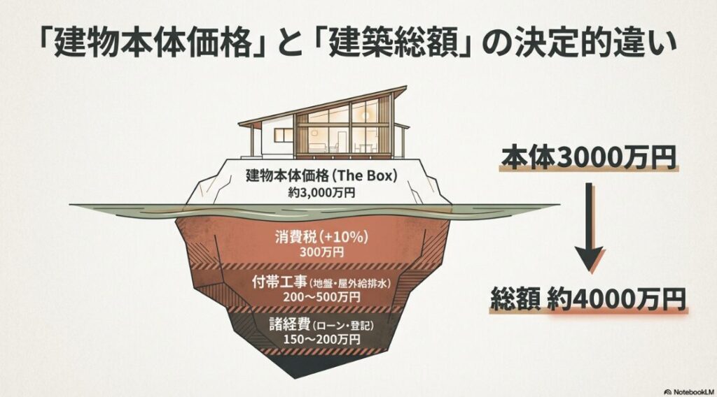建物本体価格3000万円を氷山の一角とし、その下に消費税300万円、付帯工事費200〜500万円、諸経費150〜200万円が隠れ、総額が約4000万円になることを示す図。