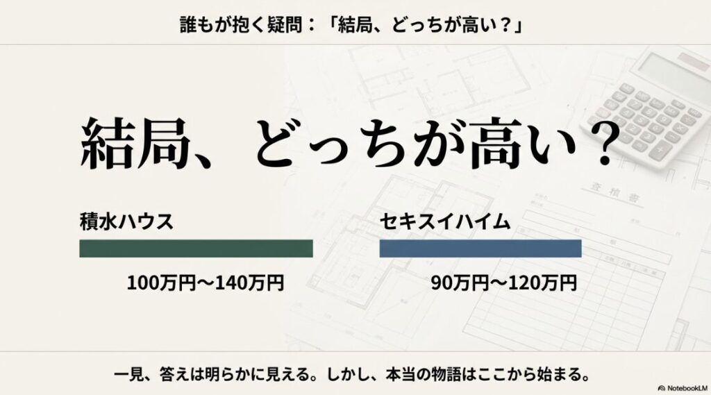 積水ハウスの坪単価（100万〜140万円）とセキスイハイムの坪単価（90万〜120万円）を比較したグラフ。「結局、どっちが高い？」と問いかけるスライド。