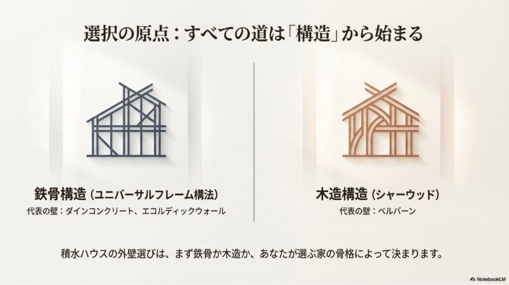 鉄骨構造（ユニバーサルフレーム構法）と木造構造（シャーウッド）それぞれの骨格イラストと、対応する代表的な外壁（ダインコンクリート、エコルディック、ベルバーン）を示した対応図 。