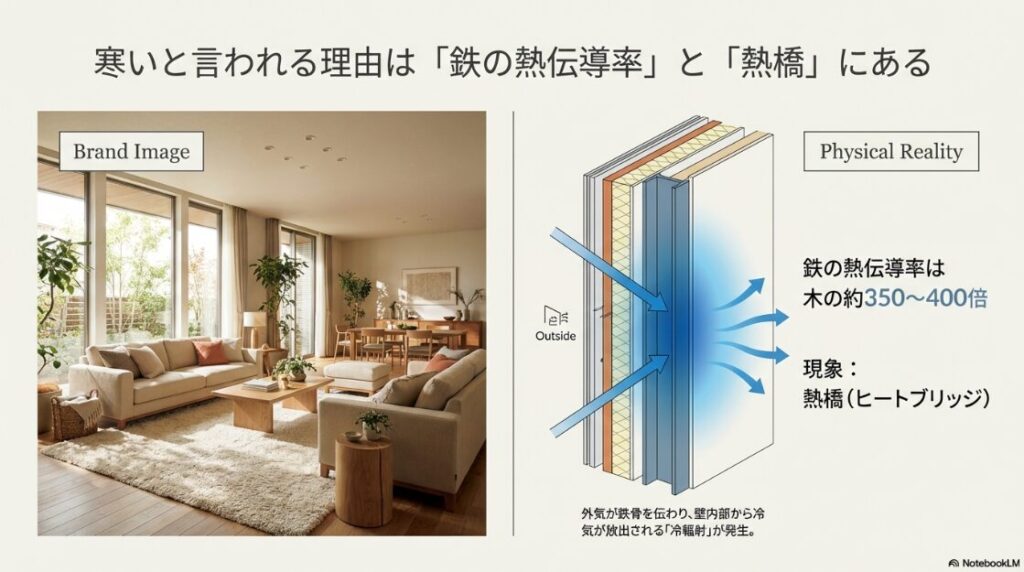 鉄の熱伝導率が木の約350〜400倍であることを示し、外気が鉄骨を伝わって壁内部から冷気が放出される熱橋現象を説明する図解 。