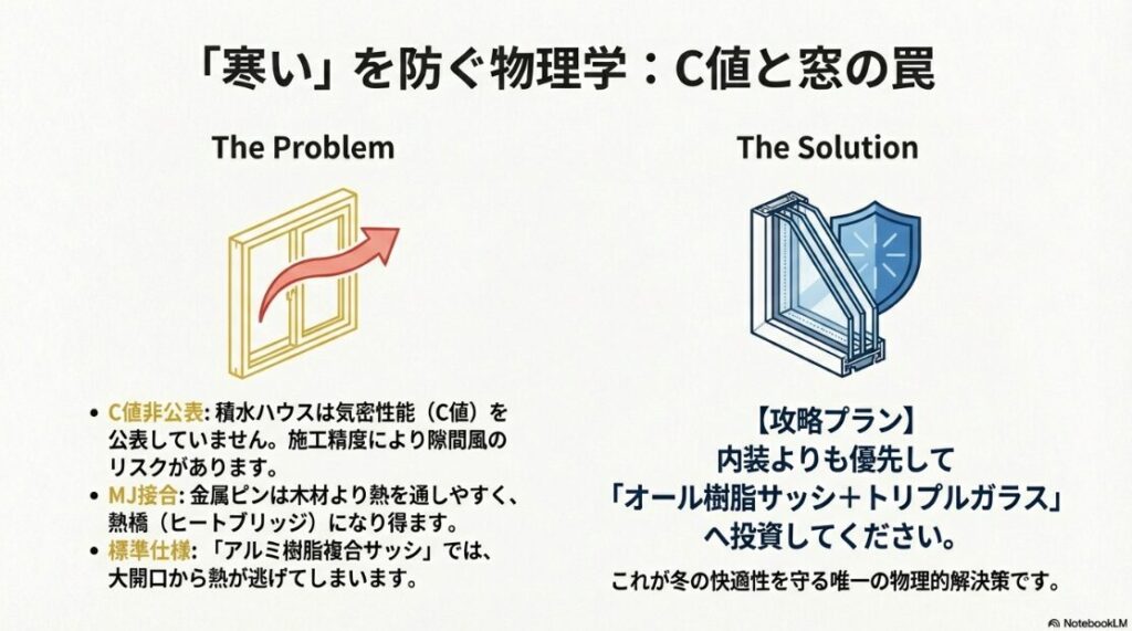 施工精度による隙間風のリスクやMJ接合の熱橋について触れ、攻略プランとして「オール樹脂サッシ＋トリプルガラス」への投資を推奨するスライド 。