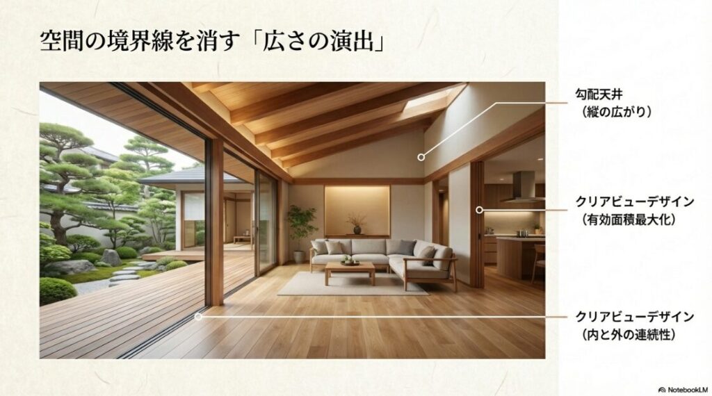 勾配天井による縦の広がりと、内と外を繋ぐクリアビューデザインを解説した、開放感あふれるリビングの内装イメージ。