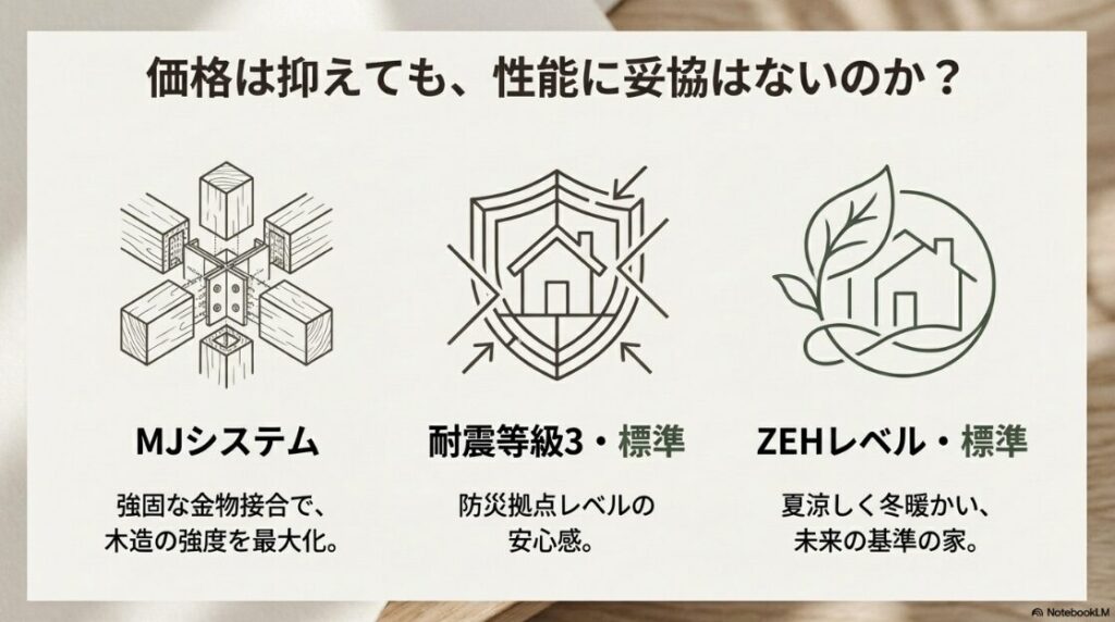 強固な金物接合「MJシステム」、防災拠点レベルの「耐震等級3・標準」、未来の基準「ZEHレベル・標準」の3つの性能のまとめ図