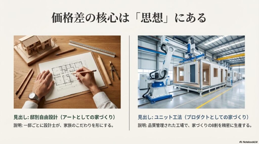 積水ハウスの「邸別自由設計（アートとしての家づくり）」とセキスイハイムの「ユニット工法（プロダクトとしての家づくり）」の生産思想の違いを対比させた図解スライド。