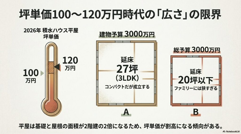 坪単価100〜120万円において、建物予算3000万円で実現できる広さが27坪（3LDK）であり、20坪以下はファミリーには狭すぎることを示す解説図。
