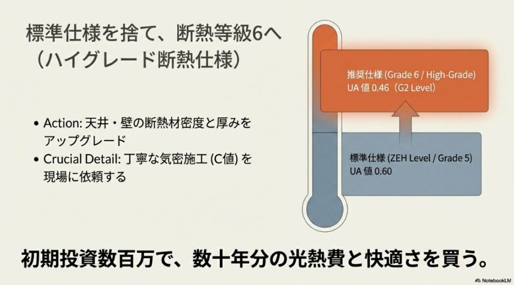 積水ハウスの標準仕様（等級5/UA値0.60）と推奨仕様（等級6/UA値0.46）を比較し、断熱材のアップグレードと気密施工の重要性を説く資料 。