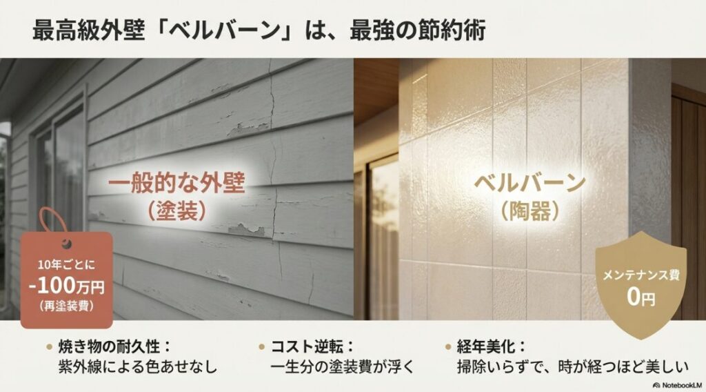 一般的な塗装外壁（10年ごとに100万円の再塗装）と、ベルバーン（メンテ費0円）の比較図。一生分の塗装費が浮く「コスト逆転」を説明。