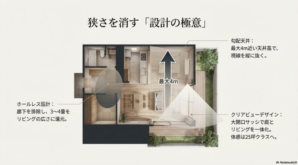 廊下を排除したホールレス設計、最大4mの勾配天井、庭と一体化するクリアビューデザインで広さを演出する解説図