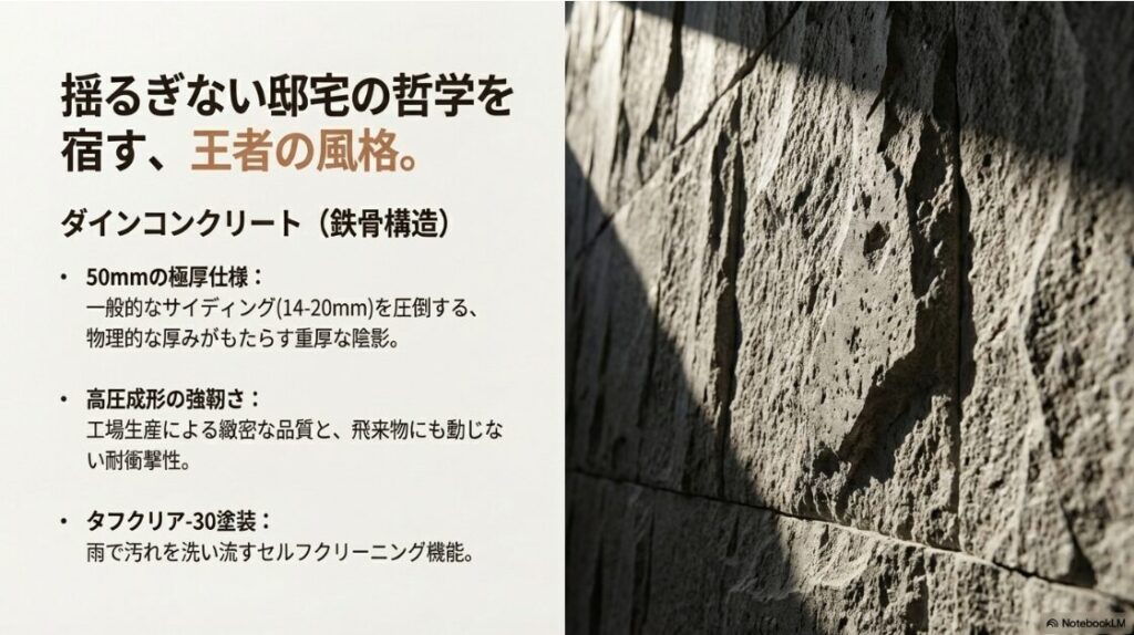 50mmの厚みがもたらす陰影、高圧成形による耐衝撃性、汚れを洗い流す「タフクリア-30塗装」のセルフクリーニング機能について記載されたダインコンクリートの解説図 。