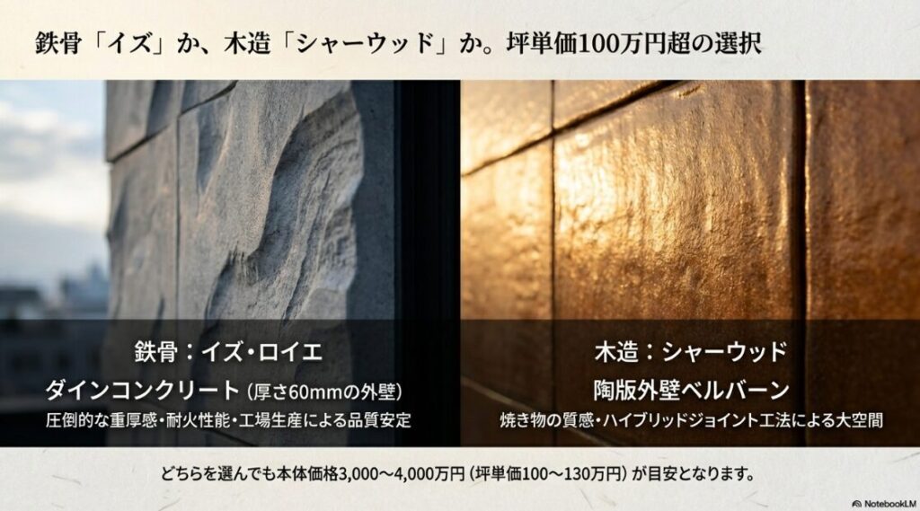鉄骨造(イズ・ロイエ)のダインコンクリートと、木造(シャーウッド)の陶版外壁ベルバーンの特徴比較。どちらを選んでも本体価格3,000〜4,000万円が目安であることを示している 。