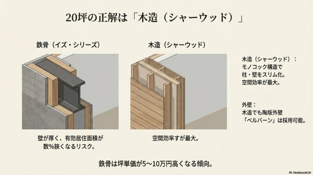 鉄骨と木造の壁厚の違い。柱・壁をスリム化して空間効率を最大化するシャーウッドの構造とベルバーン採用のメリット