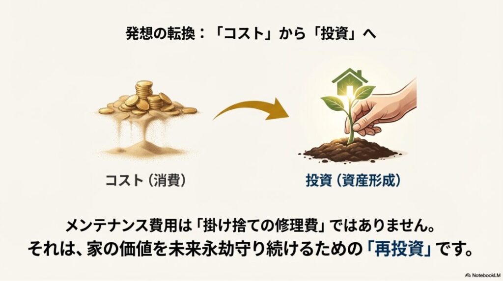 コスト（消費）から投資（資産形成）への発想の転換を描き、メンテナンス費用は家の価値を未来永劫守り続けるための「再投資」であることを示したイメージスライド。