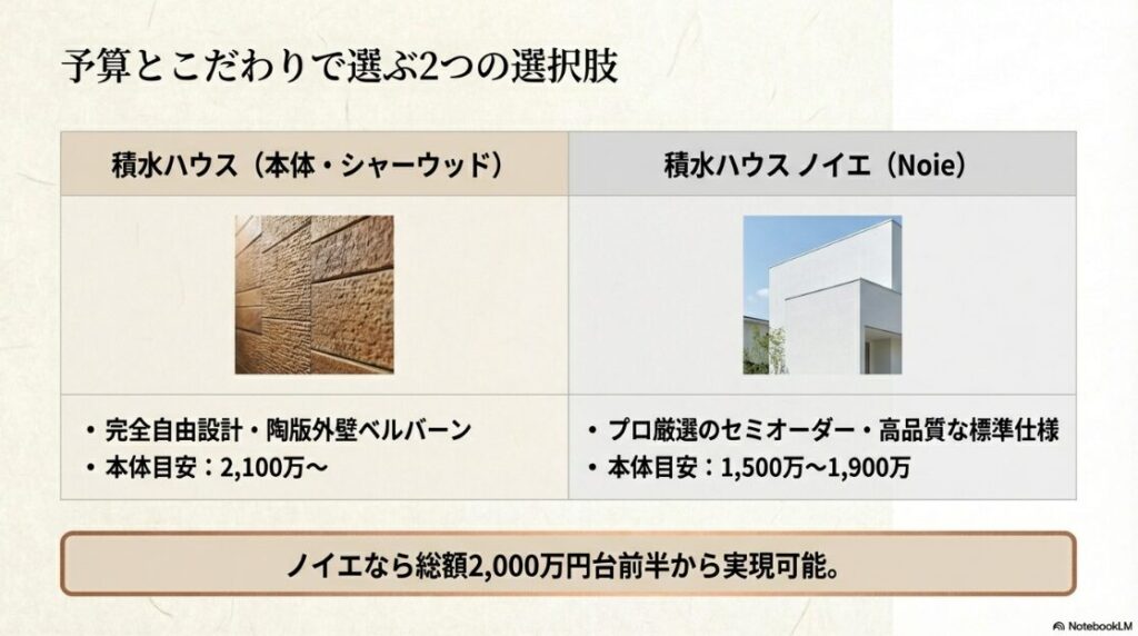 積水ハウス（本体）とノイエの本体価格目安を比較した図。ノイエなら総額2,000万円台前半から実現可能なことを紹介。