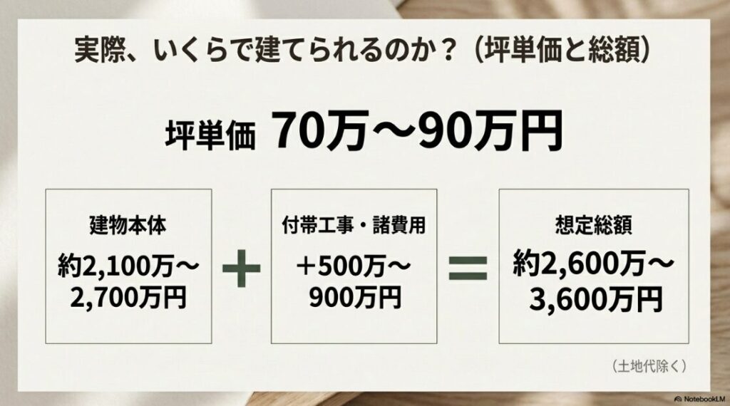 坪単価70万〜90万円を基準に、建物本体・付帯工事・諸費用を合わせた想定総額（2,600万〜3,600万円）を示す図表