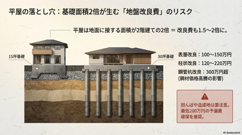 平屋は地面に接する面積が2階建ての2倍になるため、改良費も1.5〜2倍になるリスクを解説した図。柱状改良や鋼管杭改良の費用目安と、予備費確保の推奨について記載されている 。