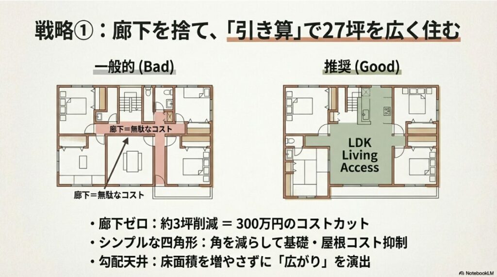 廊下のある一般的な間取りと、廊下をなくした「リビングアクセス」の間取りの比較。廊下3坪を削減してコストを抑え、勾配天井で広がりを出す戦略の解説。