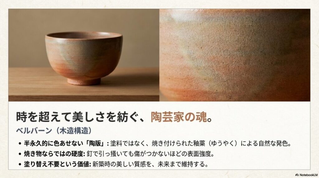 焼き付けられた釉薬により色あせない「陶版」の性質、釘で引っ掻いても傷がつかない硬度、塗り替え不要という価値を説明したベルバーンの解説図 。