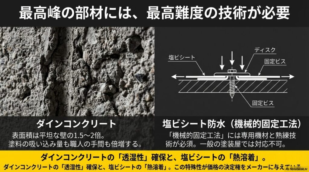 ダインコンクリートの表面写真と、塩ビシート防水（機械的固定工法）の断面図。専用技術の必要性を解説。