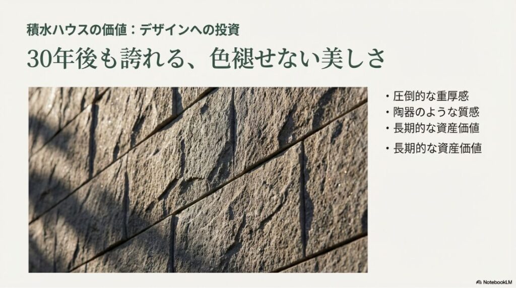 積水ハウスの高級外壁材の質感をクローズアップした写真。「30年後も誇れる、色褪せない美しさ」「圧倒的な重厚感」などデザインへの投資価値を説明するスライド。