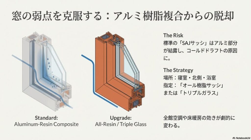 標準のアルミ樹脂複合サッシのリスクと、寝室や北側にオール樹脂サッシやトリプルガラスを採用する戦略を比較したイラスト 。