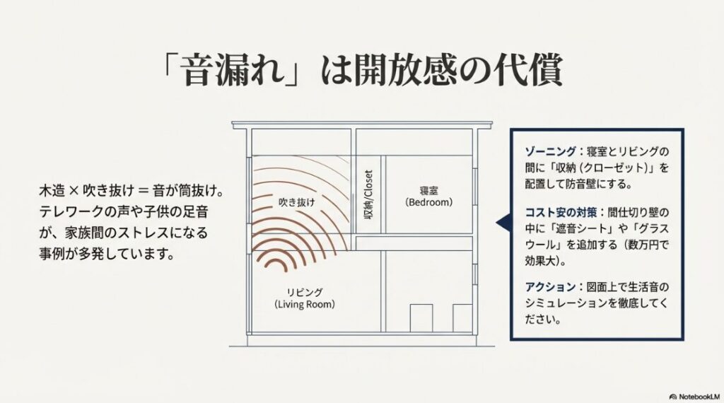 吹き抜けによる音の伝わり方を示した図面と、対策として収納を挟むゾーニングや間仕切り壁への遮音材追加を提案する解説図 。