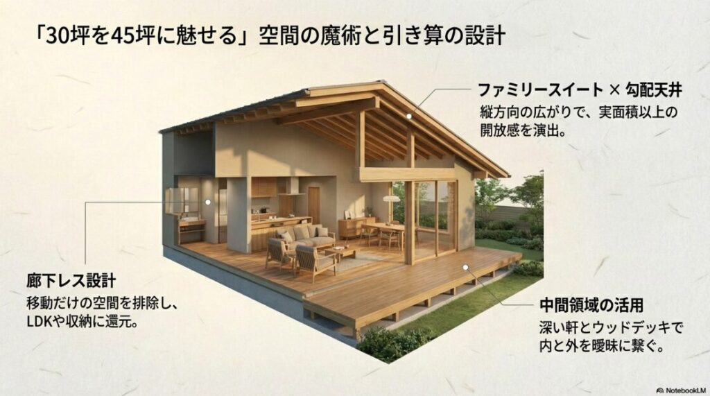 ファミリースイートと勾配天井による縦方向の広がり、廊下レス設計、中間領域(深い軒とウッドデッキ)の活用など、実面積以上の開放感を演出する設計ポイントの図解 。