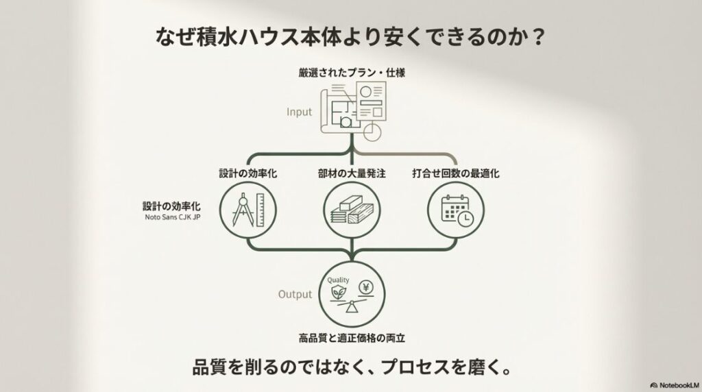設計の効率化、部材の大量発注、打合せ回数の最適化により、品質を削らずプロセスを磨くことで高品質と適正価格を両立する仕組みの図解 