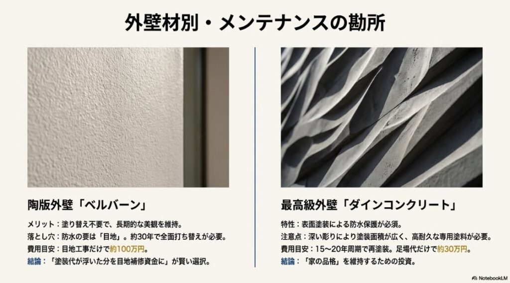 塗り替え不要なベルバーンの目地補修（約100万円）と、塗装保護が必須なダインコンクリートの再塗装（足場代約30万円）の特性と費用目安をまとめた比較スライド。