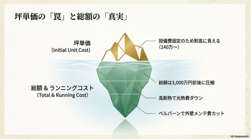 面積が小さいほど割高に見える坪単価の仕組みと、付帯工事を含めた最新の建築総額目安を解説した比較図。