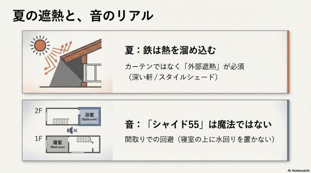 夏の遮熱には深い軒やスタイルシェードが必須であること、また遮音床シャイド55を過信せず間取りで音を回避する工夫をまとめた資料。