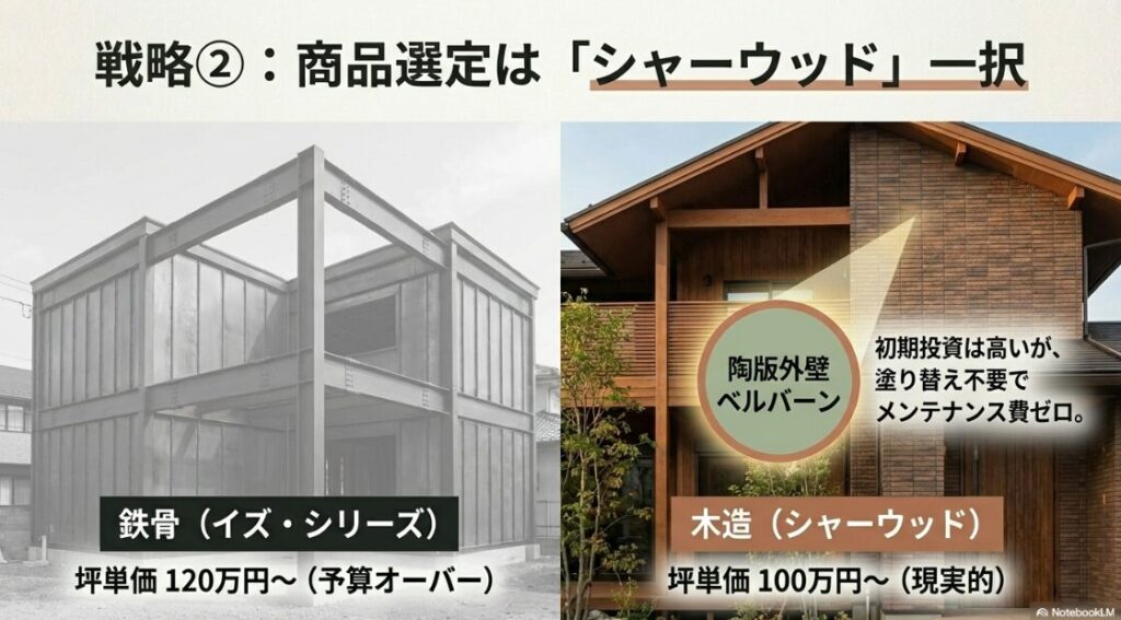 鉄骨（イズ・シリーズ）と木造（シャーウッド）の比較。シャーウッドなら坪単価100万円〜と現実的で、高耐久な陶版外壁ベルバーンを採用できるメリットを記載。