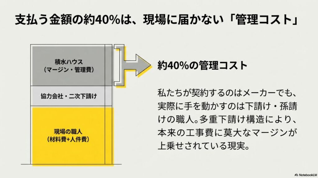 施主の支払額が、積水ハウス、協力会社、職人へと流れるピラミッド図。約40%が管理コストであることを示す。