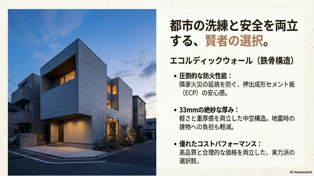 隣家火災を防ぐ防火性能、33mmの中空構造による耐震性への配慮、優れたコストパフォーマンスを解説したエコルディックウォールの資料 。