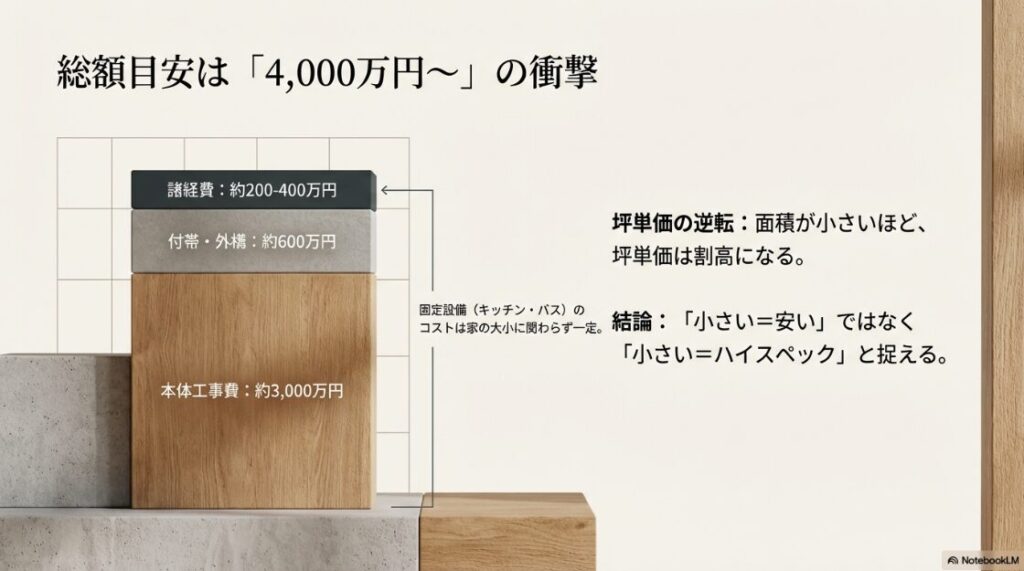 本体工事費3,000万円、付帯・外構600万円などの内訳。小さい家ほど坪単価が割高になる理由とハイスペックな家づくりの考え方