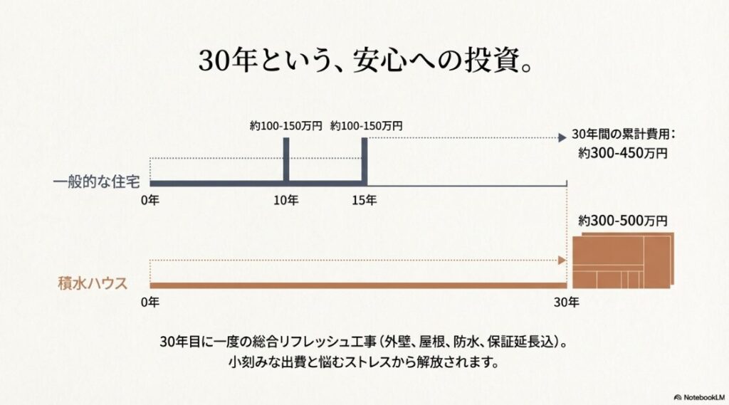一般的な住宅（10〜15年ごとの出費）と積水ハウス（30年目に一度の総合リフレッシュ）の累計費用を比較し、小刻みな出費と悩むストレスからの解放を説明するグラフ 。