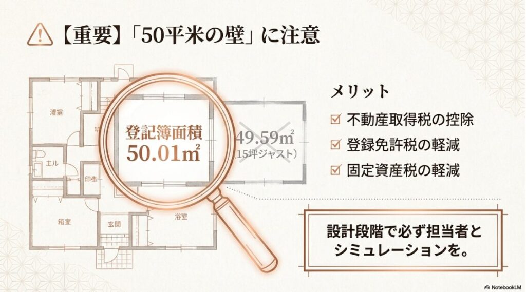 登記簿面積が50平米を超えることで得られる、不動産取得税や固定資産税などの軽減措置の条件を解説した図。