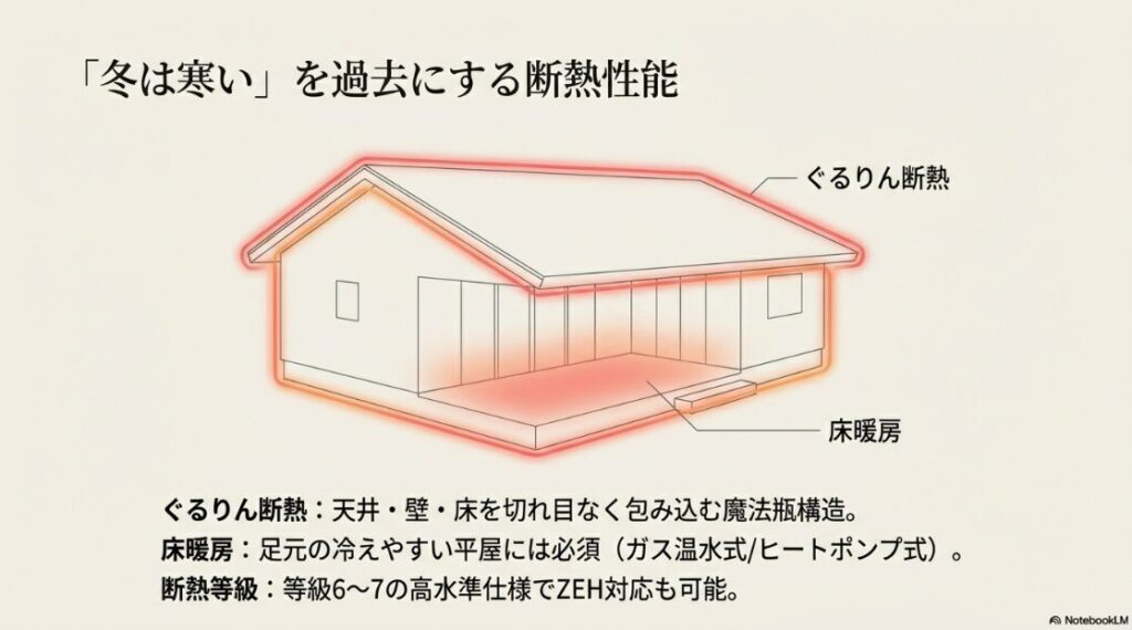 天井・壁・床を包み込む「ぐるりん断熱」の魔法瓶構造と、足元から温める床暖房のイメージ図