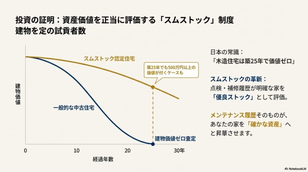 築25年で建物価値がゼロになる一般的な中古住宅に対し、適切な点検履歴があるスムストック認定住宅が高い価値を維持し続ける様子を示したグラフスライド。