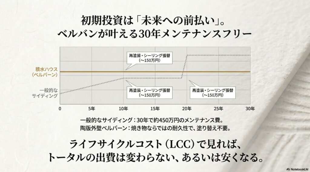 一般的なサイディングと陶版外壁ベルバーンのメンテナンス費用を30年スパンで比較したグラフ。初期投資は「未来への前払い」であり、ライフサイクルコストで見ればトータルの出費が抑えられることを示している 。