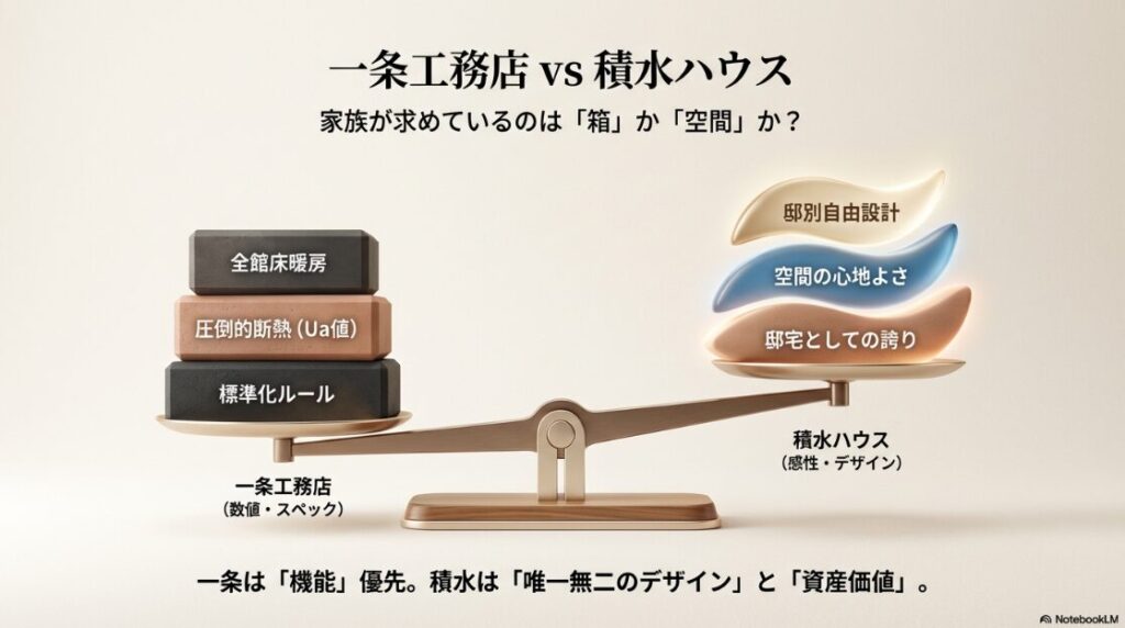一条工務店（機能・スペック・全館床暖房）と積水ハウス（邸別自由設計・心地よさ・邸宅の誇り）を天秤にかけ、価値観の違いを比較したスライド。