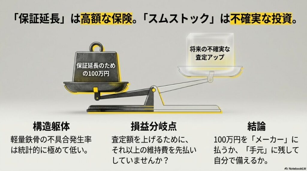 天秤のイラストで「保証延長のための100万円」と「不確実な査定アップ」を比較し、自分で備える選択肢を提示。