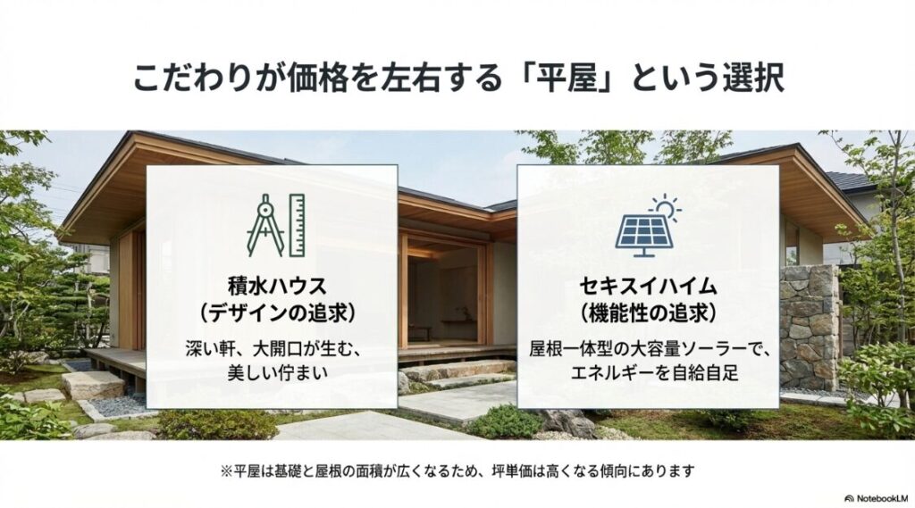 積水ハウスの平屋（デザイン・深い軒）とセキスイハイムの平屋（機能性・ソーラー）それぞれの強みを対比させ、平屋における価値観の違いを示したスライド。